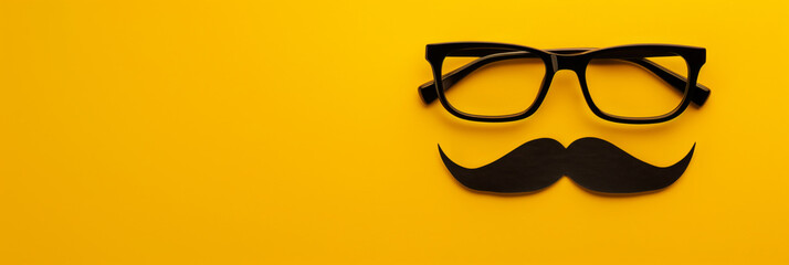 Comical glasses and mustache on yellow, signaling Happy April Fool's Day, copy space, minimalist  - obrazy, fototapety, plakaty