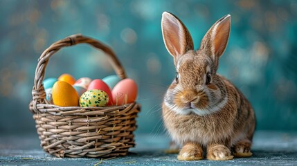 Fototapeta na wymiar Rabbit Sitting Next to Basket of Eggs