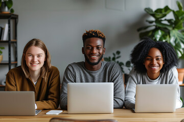 Diverse individuals with laptops, isolated on white, minimalist 