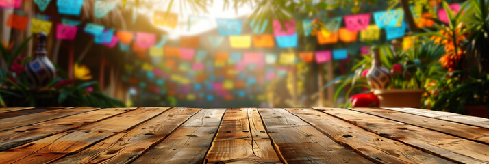 Empty wooden table foreground with vibrant, out-of-focus Mexican fiesta background, copy space available, minimalist  - obrazy, fototapety, plakaty