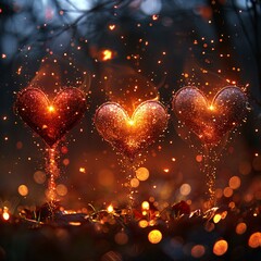 a group of glowing hearts