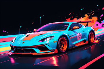 Fast speed Sport car with digital infographic on neon glowing modern style. AI generated