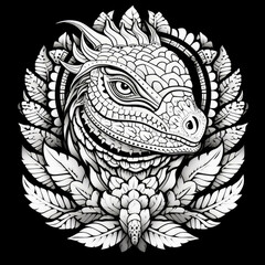 Iguana Mandala Style Illustration, black and white