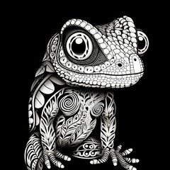 Gecko Mandala Style Illustration, black and white