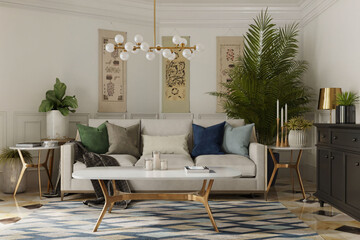White modern room with sofa. Scandinavian interior design. 3D illustration
