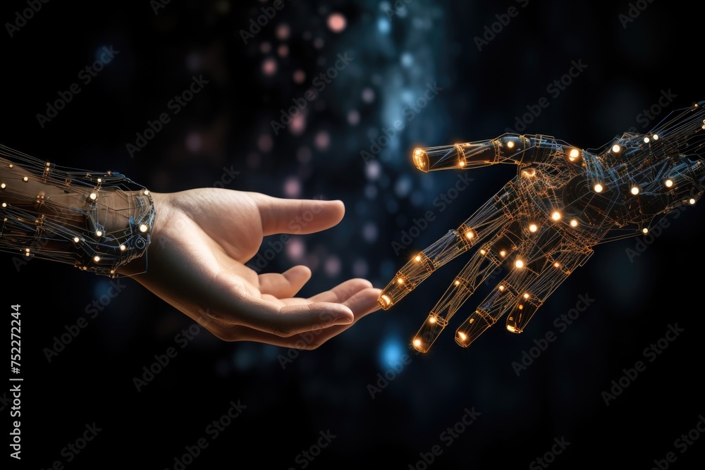 Aufkleber hands of human and artificial intelligence technology touching for big data network exchange.