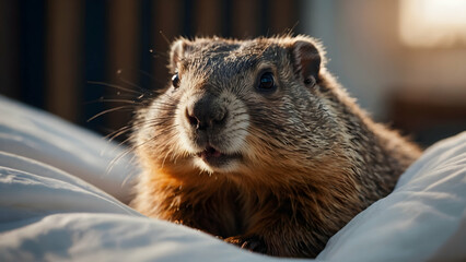 groundhog peeks out of bed in a blanket, groundhog day.