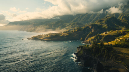 Obraz premium Aerial view of the stunning cliffs and beaches of Madeira Island, Portugal. Natural landscape concept.