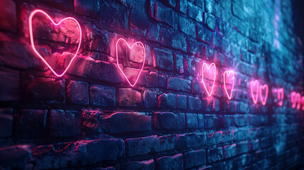Neon romantic square hearts adorn brick wall, perfect for Valentine's Day, with copy space,...