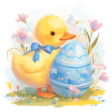 recommend clip art: Cute yellow duck with Easter egg in meadow with spring wildflowers. Watercolor illustration isolated on white background. Happy easter concept in cartoon style. Element design with duckling pet animal