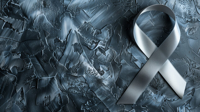 Silver ribbon on abstract backdrop symbolizing brain health awareness, space for text