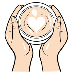 Minimalistic style woman hand holding a cup of coffee on Colored background. Flat lay, top view cappuccino cup. Empty place for text, copy space. Coffee addiction. Top view, flat lay
