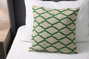 Soft pillows and bedsheet on bed at home - obrazy, fototapety, plakaty