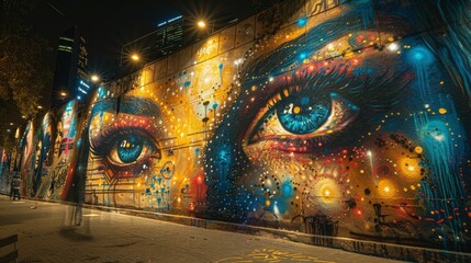 Urban art in a hidden place Colorful and detailed graffiti, gloomy atmosphere, underground atmosphere