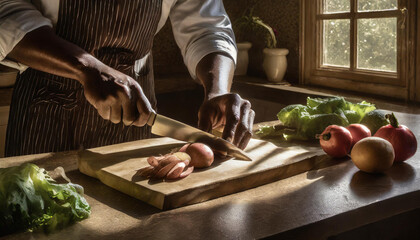 cook or chef in his kitchen cutting vegetables to prepare food for breakfast, lunch or dinner - obrazy, fototapety, plakaty