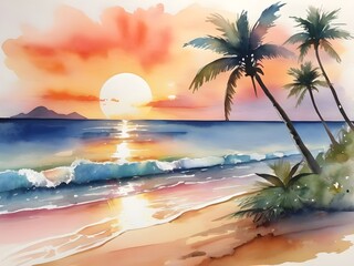 tropical beach sunset watercolor	