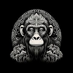 Chimpanzee Mandala Style Illustration, black and white