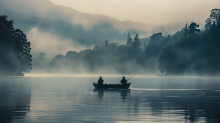 Zwei Personen in einem Ruderboot auf einem See an einem nebligen Morgen - obrazy, fototapety, plakaty