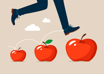 Financial and investment growth. Businessman jumping from small to the big apple. Flat vector illustration.