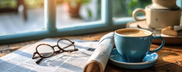 Cup of coffee on office desk with glasses ond newspaper