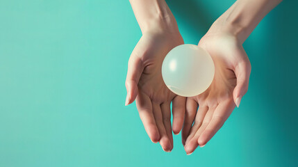 woman Holding a Translucent silicone Over Pink Background, concept for breast augmentation.
