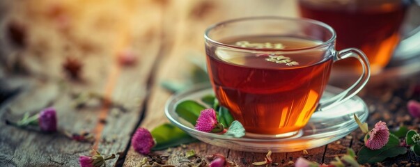 Cup of hot tea and wild flowers - obrazy, fototapety, plakaty