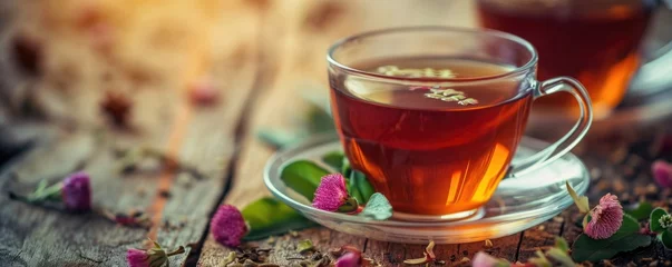 Fototapeten Cup of hot tea and wild flowers © Filip