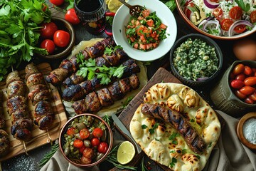 Mediterranean Feast: Grilled Kebabs and Array of Mezes on a Traditional Dining Spread