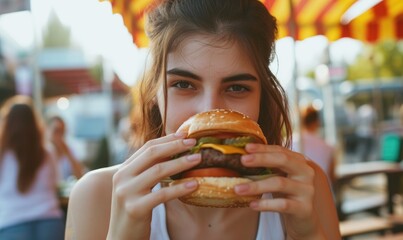 Woman eating favorite cheeseburger near fast food outside.
