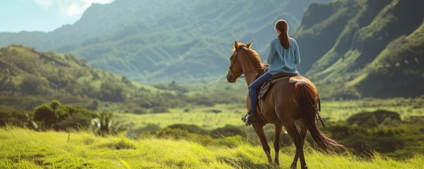 Woman jockey is riding horse on blue sky with mountains or nature background. - Powered by Adobe