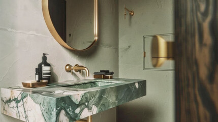 Close-up of a modern marble sink in a bathroom with light marble walls and a mirror. Design and interior concept.