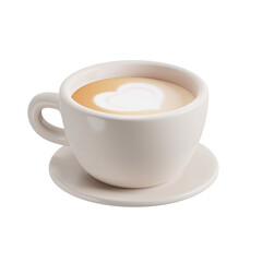 Cappuccino 3D icon. Coffee cup with foam heart pattern. 3D object on a transparent background