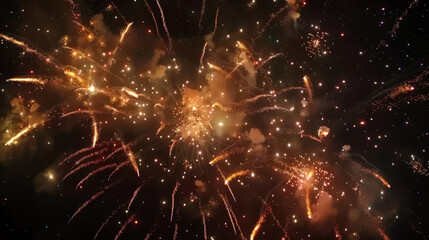 Fototapeta premium Bright fireworks exploding against the dark night sky. Photo from below. Holiday concept.