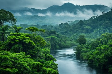 Fototapeta na wymiar Aerial view of a river winding through a lush green forest
