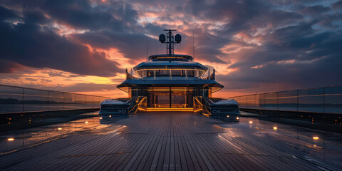A luxury yacht basks in the glow of a dramatic sunset, docked in a tranquil marina with reflections on the water. - obrazy, fototapety, plakaty