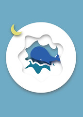 Vector postcard, trendy 3D design, paper postcard with cute whale in the night sea and moon. For children.