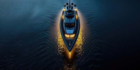 A majestic yacht cuts through the serene waters at dusk, its lights casting a golden path on the water's surface.