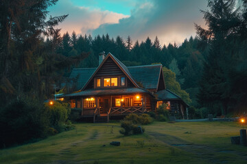 Fototapeta na wymiar A rustic house enhanced by warm outdoor lights, surrounded by dense forest, with a vast front yard under a clear turquoise dawn