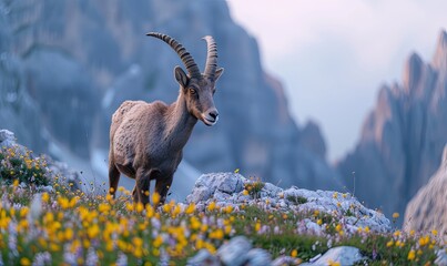 Alpine ibex (Capra ibex), standing in wild flowers and mountains on the background. - obrazy, fototapety, plakaty
