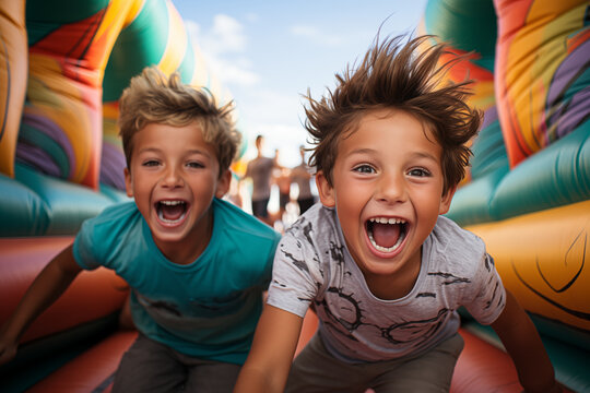 Happy children playing on inflatable bounce house. Generative AI