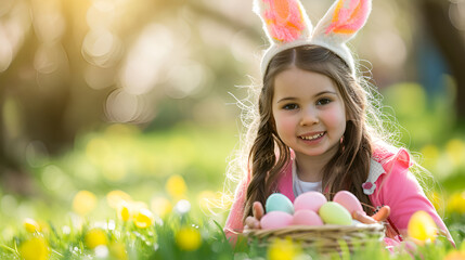 A little girl with Easter bunny ears holds a basket with colored eggs in the garden on the grass