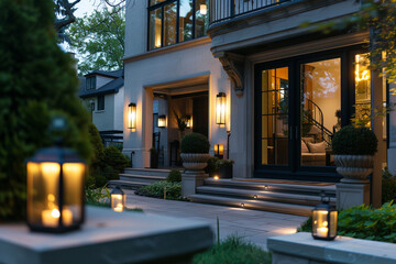 A sophisticated townhouse with chic outdoor lighting, framed by ornamental shrubbery, under the calming influence of an azure evening