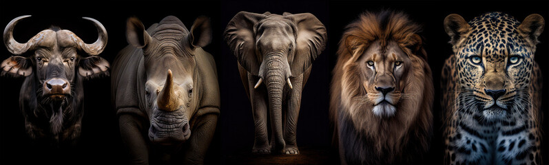 Front view portrait of an elephant on black background, Africa wildlife, generative AI - obrazy, fototapety, plakaty