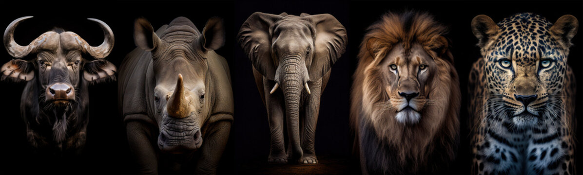 Front view portrait of an elephant on black background, Africa wildlife, generative AI