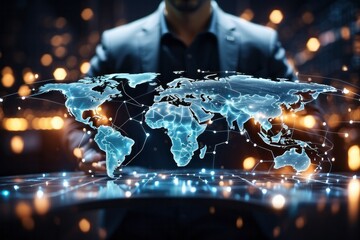businessman generating wireframe business global network connection on worldwide digital marketing