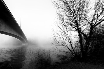 Foggy morning along the  Seine river in Champagne-sur-Seine village - 752277241