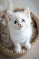 Top view of an adorable cute white cat with blue eyes portrait, kitten in a basket - 752277249