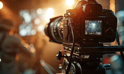 Man using video camera or camcorder while filming. Professional camera close up.