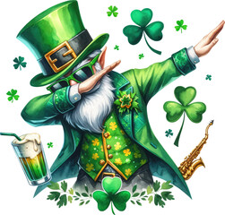 Leprechaun Dance wearing sunglasses, Saint Patrick's day Clipart, Transparent background, Watercolor St Patrick’s Day Clipart