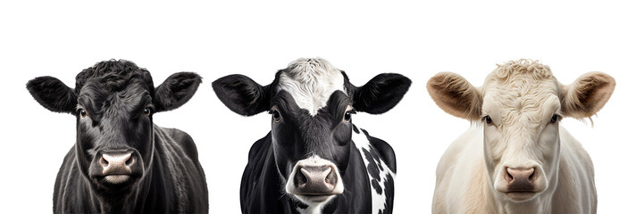 Holstein Friesian black and white dairy cow, black angus and Charolais cows isolated on transparent background, png file